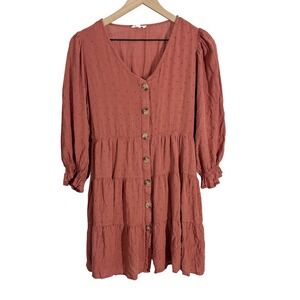 By The River Button Front Swiss Dot Tiered Mini Dress Large Mauve Boho Prairie